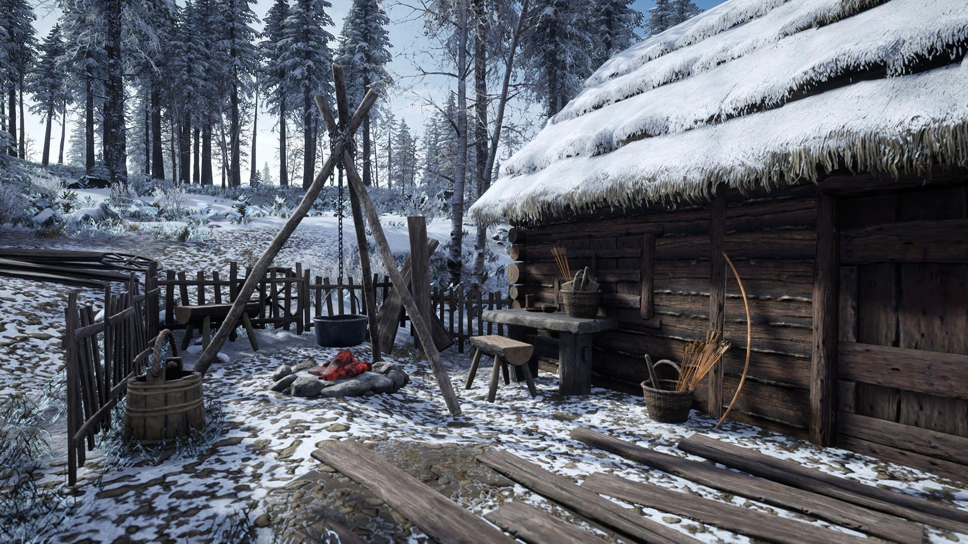 A tranquil winter scene from the video game Medieval Dynasty, featuring a cozy wooden house surrounded by snow-covered trees, a fire pit, and various outdoor tools.