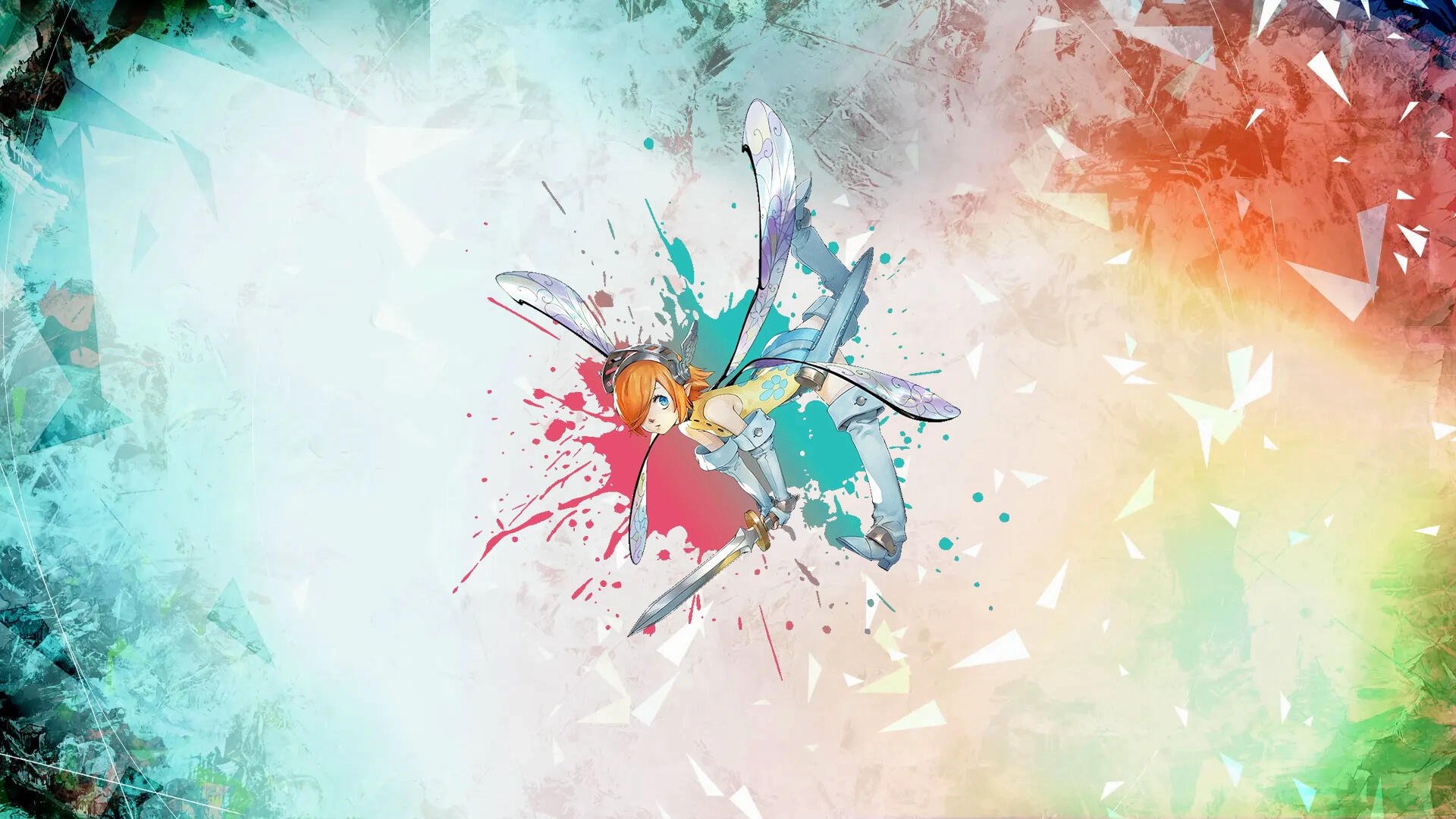Metaphor: ReFantazio — HD PC desktop wallpaper showing a central fairy breaking into colorful paint splashes on a textured pastel background.