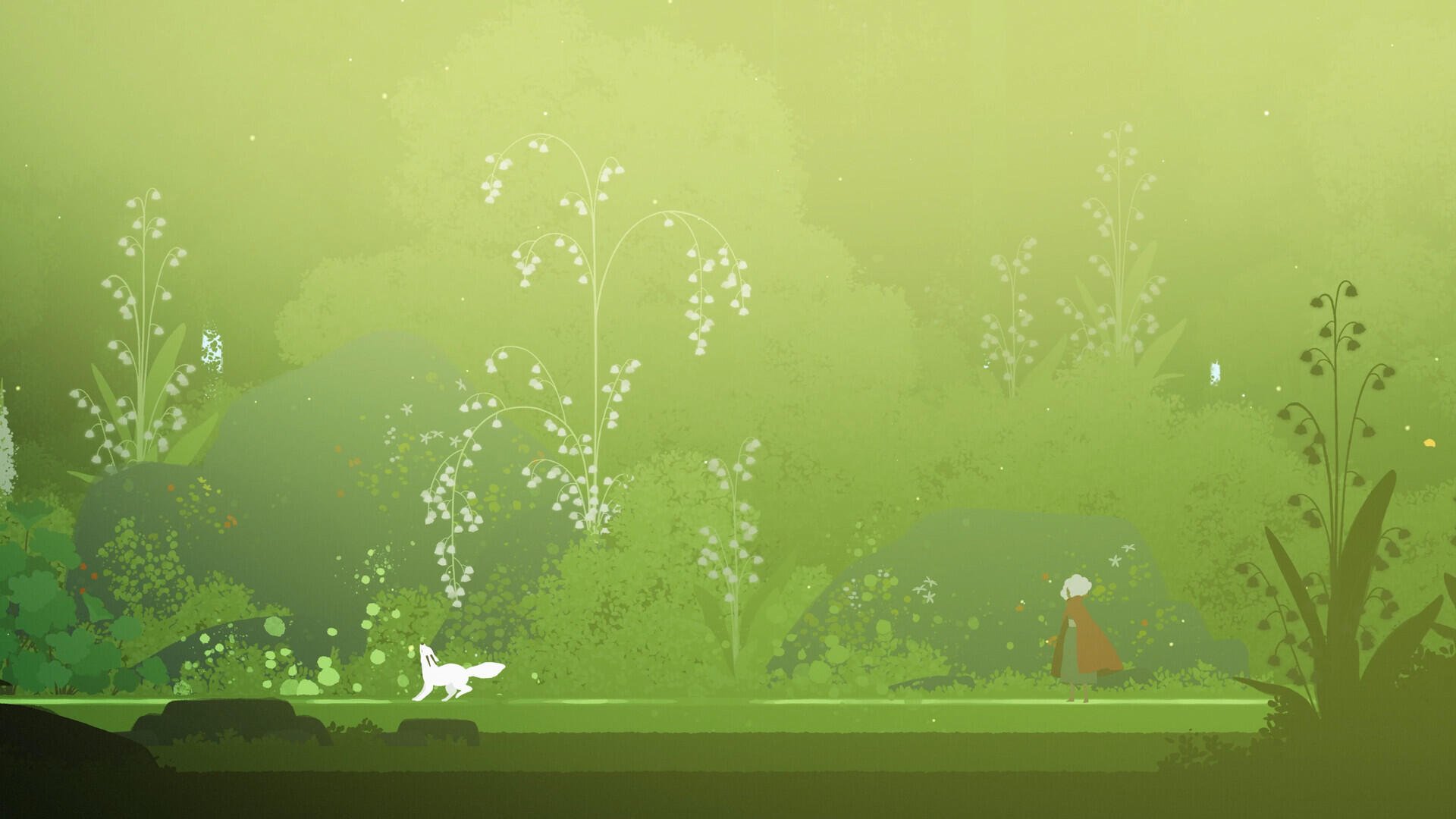 A serene HD desktop wallpaper from the video game Neva, featuring a lush, green landscape with a character and a white dog amidst enchanting flora.