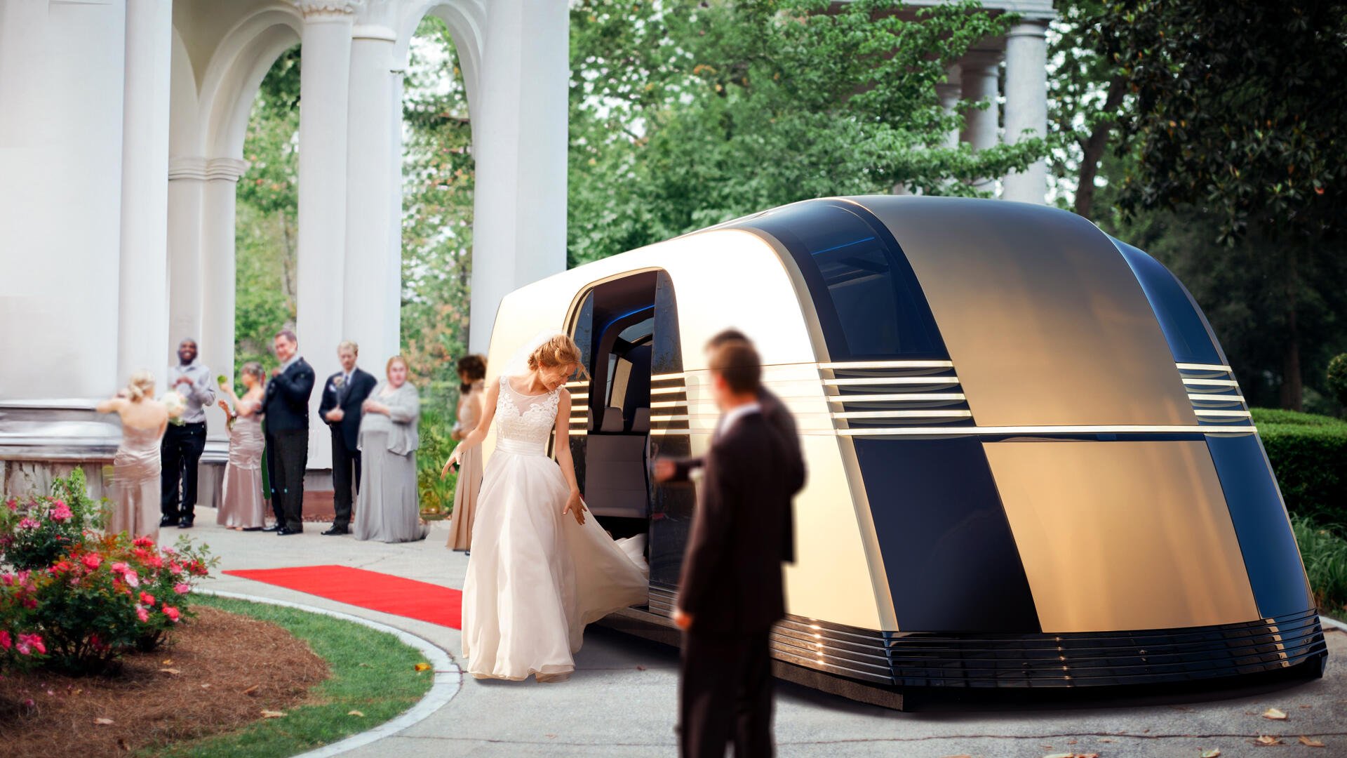A sleek Tesla robovan is parked on a red carpet, with elegantly dressed guests nearby, set against a backdrop of lush greenery and grand architecture. 4K Ultra HD quality enhances the scene.