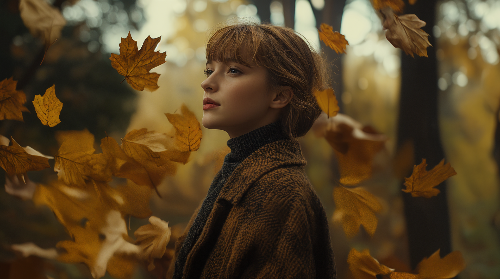 A woman in stylish fall fashion stands amidst swirling autumn leaves in a serene forest setting, captured in stunning 4K Ultra HD detail.