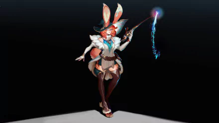 A striking HD desktop wallpaper featuring Aurora from League of Legends, showcasing her enchanting pose, whimsical attire, and a magical staff against a dark background.