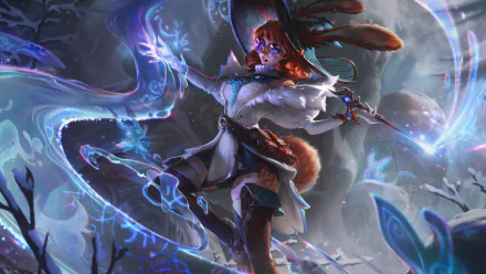 Aurora from League of Legends is depicted in an 8K Ultra HD video game wallpaper, surrounded by ethereal, glowing blue spirits in a mystical forest setting.