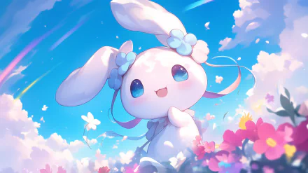 A charming Cinnamoroll character from Sanrio is joyfully surrounded by colorful flowers and a bright blue sky, creating a whimsical anime-inspired desktop wallpaper.