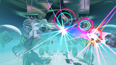 A vibrant HD desktop wallpaper from the video game Thrasher (2024), featuring dynamic light bursts and intricate designs that create a captivating, immersive experience.