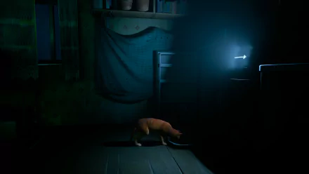 HD PC desktop wallpaper featuring a scene from the video game Stray with a cat exploring a dimly lit room illuminated by a blue light.
