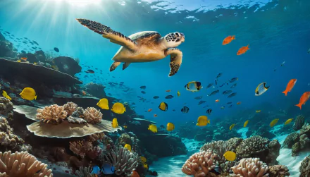 Underwater HD wallpaper showing a sea turtle swimming among colorful fish and vibrant coral reefs in clear ocean water.