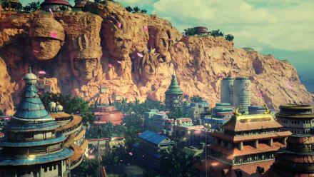 A vibrant HD wallpaper showcasing Konohagakure from Naruto, featuring lush greenery and distinctive architecture against a dramatic mountainous backdrop.