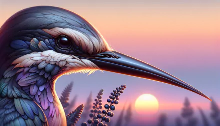 A vibrant HD desktop wallpaper featuring a close-up of a beautifully detailed bird against a stunning sunset backdrop, highlighting rich colors and intricate textures.