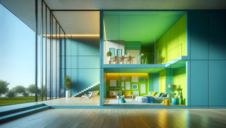 A stunning modern home featuring vibrant green and blue interiors. The spacious design showcases large windows and an airy atmosphere, making it an eye-catching HD wallpaper.