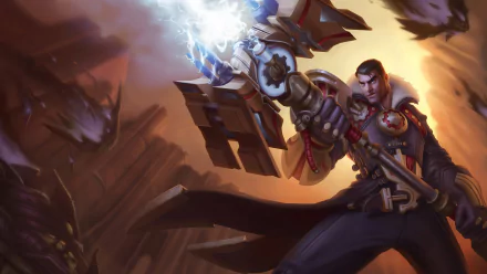 HD desktop wallpaper featuring Jayce from League of Legends: Wild Rift, ready for battle with his powerful weapon, set against a dramatic background.