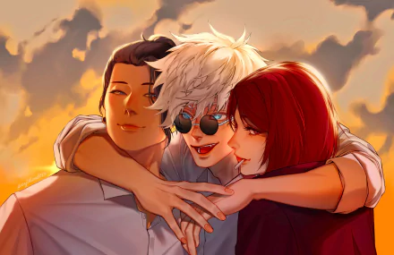Anime-style 4K Ultra HD wallpaper featuring Suguru Geto, Satoru Gojo, and Shoko Ieiri from Jujutsu Kaisen sharing a warm, close moment at sunset.