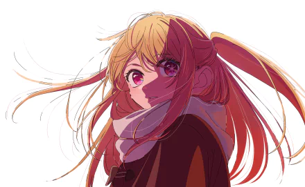 2K Quad HD anime desktop wallpaper of Ruby Hoshino (Oshi no Ko): close-up of Ruby with pink eyes, twin tails, scarf, and wind-swept hair against a white background.