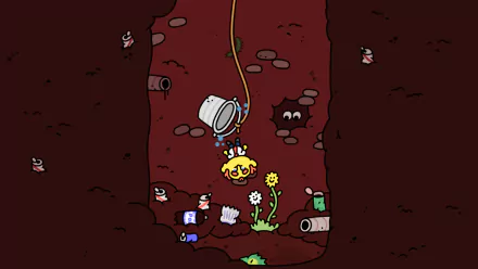 A high-definition desktop wallpaper featuring visuals from the video game Thank Goodness You're Here!, designed for an engaging background experience.