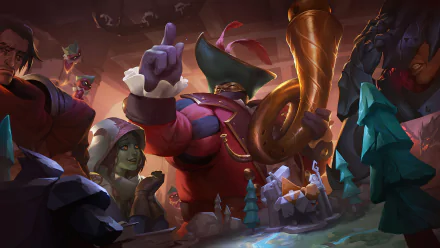 An enchanting HD desktop wallpaper from Legends of Runeterra, featuring Bard from League of Legends, surrounded by whimsical characters and a magical setting.