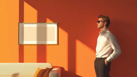 A preppy man stands confidently against a vibrant orange wall, wearing sunglasses and a stylish shirt, with sunlight casting dynamic shadows in this HD desktop wallpaper.