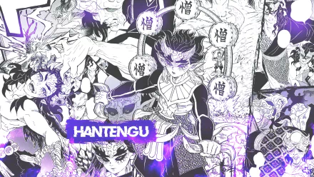 HD PC desktop wallpaper featuring Hantengu from Demon Slayer: Kimetsu no Yaiba in dynamic, multi-figure black and purple artwork.