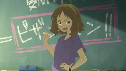 A vibrant HD desktop wallpaper featuring an anime character with brown hair, confidently posing in front of a chalkboard, capturing the spirit of Too Many Losing Heroines!