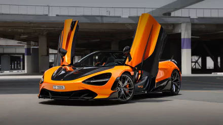 A striking McLaren 720S Spider in a vibrant orange and black color scheme, features upward-opening doors, set against a modern architectural backdrop in 4K Ultra HD.
