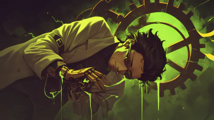 HD wallpaper featuring Rintaro Okabe from the anime Steins;Gate, showcasing vibrant colors and dynamic design that captures the essence of the series.