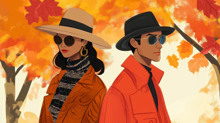 A stylish couple poses amidst vibrant autumn leaves, showcasing chic fall fashion in HD. The woman sports a wide-brimmed hat and sunglasses, while the man wears a sleek black hat.