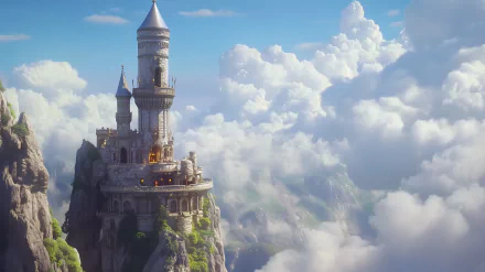 A stunning fantasy wizard tower rises above the clouds, set against a breathtaking backdrop. This HD image serves as a captivating desktop wallpaper and background.