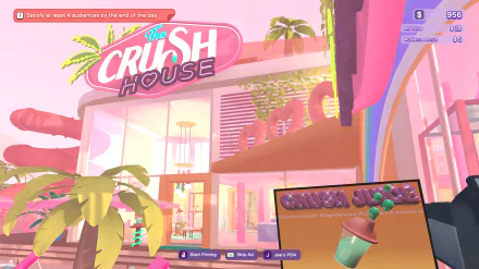 HD PC desktop wallpaper featuring a vibrant, pastel-themed scene from the video game The Crush House, showcasing a retro-style house with palm trees and bright signage.