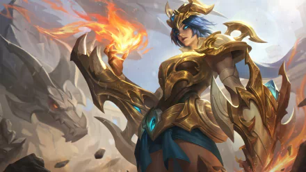 A stunning HD desktop wallpaper featuring Shyvana from League of Legends, depicted in a powerful pose with flames and intricate golden armor, set against a dramatic background.