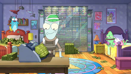 A vibrant HD desktop wallpaper from the TV show Solar Opposites, featuring animated characters in a colorful room, surrounded by money and quirky decor.