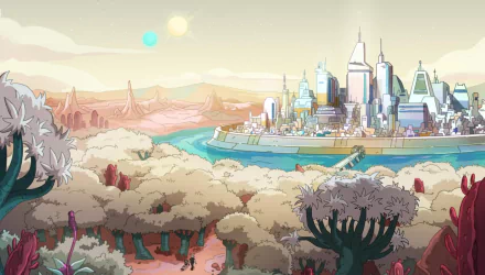 A vibrant HD wallpaper from the TV show Solar Opposites, showcasing a futuristic city by a river surrounded by whimsical trees and a colorful landscape under two suns.