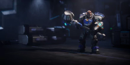 A dynamic HD desktop wallpaper from the video game Stormgate, featuring a muscular character wielding a large hammer in a dark, futuristic environment.