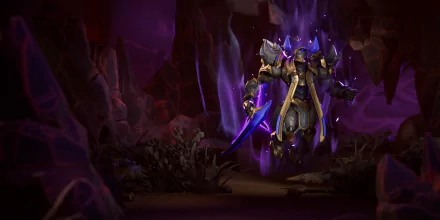 A dramatic HD desktop wallpaper from the video game Stormgate, featuring a fierce, armored warrior amidst a mysterious, purple-lit landscape.