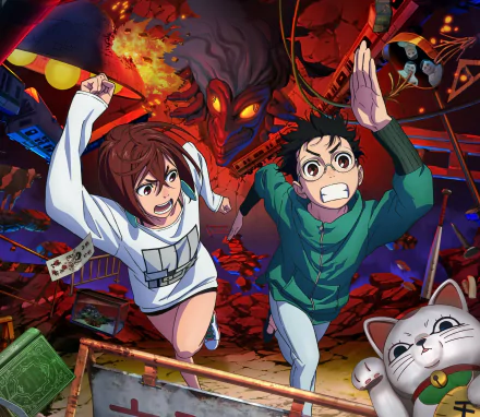 HD desktop wallpaper featuring anime characters Momo Ayase and Ken Takakura from Dandadan, with dynamic action poses and a fiery, intense background.