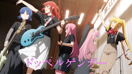 HD anime desktop wallpaper featuring the cast of Bocchi the Rock! playing instruments in a vibrant indoor setting.