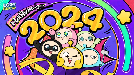 A vibrant HD wallpaper featuring characters from the video game Eggy Party celebrating the New Year 2024 with colorful graphics and festive elements.