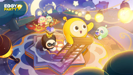 Colorful HD desktop wallpaper from the game Eggy Party, featuring adorable characters engaging in playful activities under a starry sky with glowing lanterns.