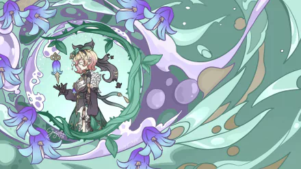 A vibrant HD wallpaper featuring Emilie from Genshin Impact, surrounded by swirling green patterns and purple flowers, creating an enchanting visual experience for fans.