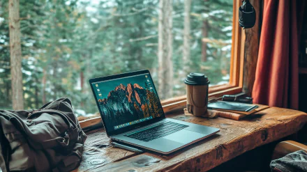 A cozy workspace featuring a laptop on a wooden table with a coffee cup, set against a backdrop of trees outside a window—an inspiring digital nomad wallpaper.