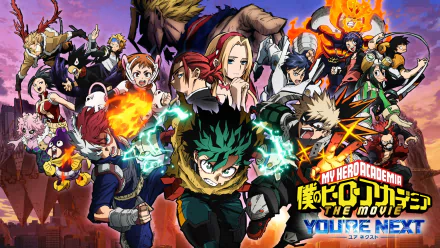 HD PC desktop wallpaper featuring vibrant characters from the anime My Hero Academia: You're Next, showcasing action-packed scenes and iconic heroes in dynamic poses.