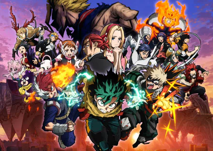 HD PC desktop wallpaper featuring vibrant characters from the anime My Hero Academia: You're Next, showcasing dynamic action and heroic poses against a dramatic sky backdrop.