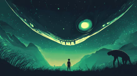 A captivating HD wallpaper depicting a solitary figure gazing up at a massive UFO, surrounded by a serene alien landscape under a starry sky, symbolizing an extraordinary alien encounter.