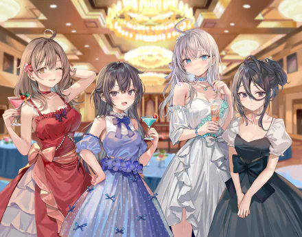 4K Ultra HD anime wallpaper featuring four stylish girls—Alya Sometimes Hides Her Feelings, Alisa Mikhailovna Kujou, and Yuki Suou—posing in elegant dresses at a glamorous indoor event.