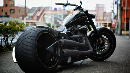 A striking Harley-Davidson chopper stands prominently on a city street, showcasing its sleek design and large rear tire, captured beautifully for a high-definition desktop wallpaper.