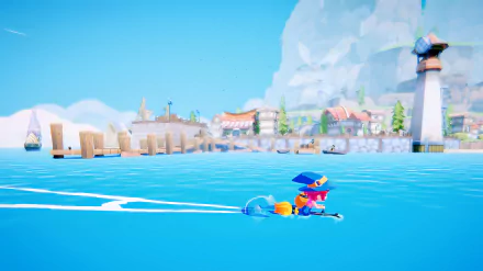 A vibrant HD wallpaper from the video game *Mika and The Witch's Mountain*, featuring Mika navigating bright blue waters with a charming coastal village in the background.