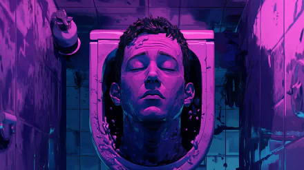 A vivid HD desktop wallpaper featuring a surreal skibidi toilet scene, showcasing a head emerging from a toilet, illuminated in vibrant purple hues.