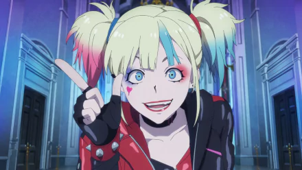 HD PC desktop anime wallpaper: Harley Quinn from Suicide Squad Isekai grinning with blue-and-pink pigtails, heart cheek mark, finger pointing amid neon-lit corridor background.