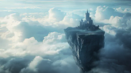 A fantasy castle perched on a floating rock island surrounded by a vast cloudscape, rendered in stunning HD for a PC desktop wallpaper.