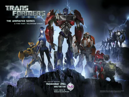 Transformers: The Animated Series 4K Ultra HD PC desktop wallpaper showing a heroic team of armored robots on a rocky cliff amid lightning and stormy clouds.