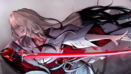A stunning HD wallpaper featuring Acheron from the video game Honkai: Star Rail, capturing the character in dynamic motion with a striking red sword.
