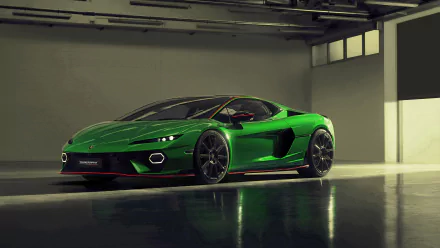 A sleek green Lamborghini Temerario showcased in a modern garage setting, designed as a stunning 4K Ultra HD desktop wallpaper and background.